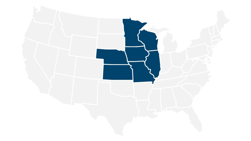 US Map with Mid States Members Highlighted in Blue