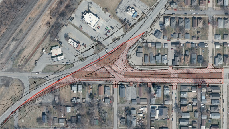 This image shows the construction footprint of Stage 1 on the intersection improvement project at Route 59 and Alabama Street in St. Joseph. Alabama Street (Route 752) will be closed between Route 59 and Sherman Street. Access to Lake Avenue and Sherman Street will also be closed.
