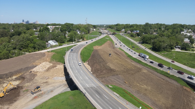 Aerial view of dirt work taking place in interstate median and off the shouler