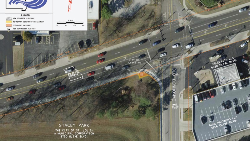 MoDOT display showing permanent easement need at corner of Old Bonhomme Road and OIive Boulevard