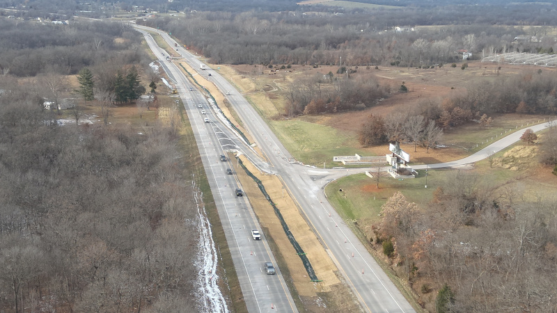Aerial view of new intersection on divided highway