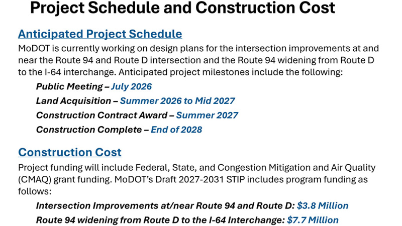 Schedule and construction cost for Route D and Route 94 project in St. Charles County