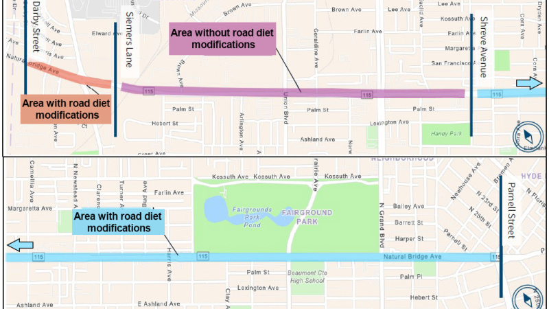 A map of the project along Route 115 in the city of St. Louis.  Road diets were implemented west of Siemers and East of Shreve to Parnell