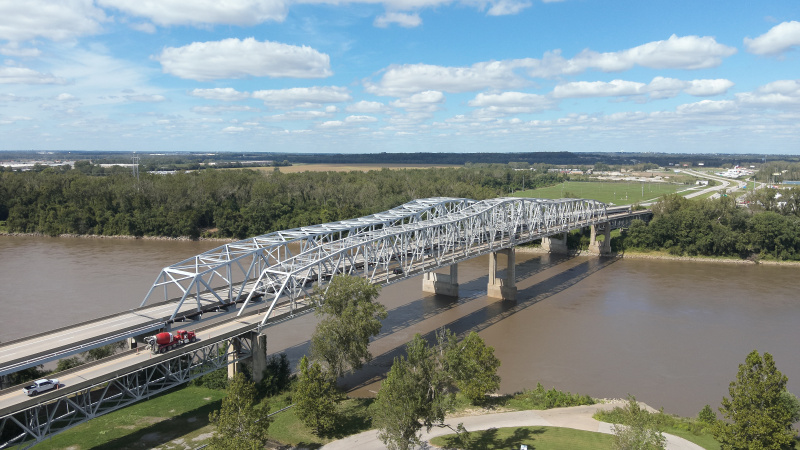 A photo of the MO 291 river bridges by a drone in Sugar Creek, MO