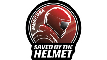 Red and black Saved by the Helmet Logo