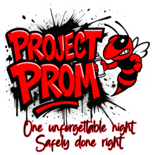 Project Prom Red Logo for Crystal City High School with tagline of One unforgettable night Safely done right with red and black wasp mascot.